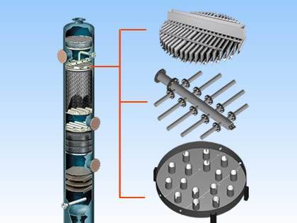 A packed tower and three types of liquid distributor (through, perforated pipe and orifice type).