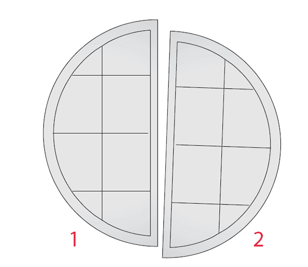 Das Bild zeigt das in kleinen Gefäßen installierte Demister-Pad, das in zwei Abschnitte unterteilt ist.