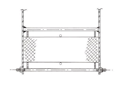 La imagen muestra el método de instalación de la almohadilla demister horizontal fija desde abajo en la carcasa de la caja con varillas de rodadura.