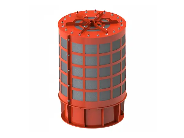 Rojo cilíndrico dispositivo de ventilación sin llama contra un fondo blanco