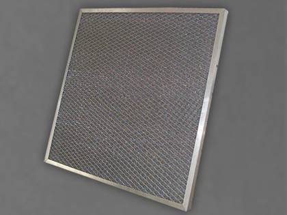 A knitted mesh filter with expanded metal supporting grill.